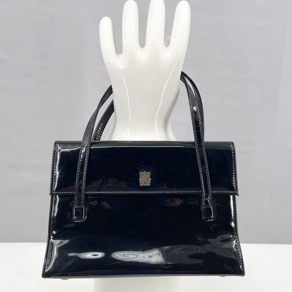 Vintage 60s JR USA Black Patent Leather Handbag Gold Chinese Character MCM